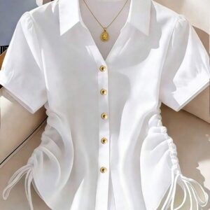 Franclia Women's Solid Color Short Sleeve Side Drawstring Casual Shirt