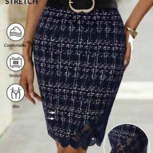Editum Women's New Elegant High Waist Slimming Knitted Lace Patchwork Faux Print Commuting & Casual Skirt