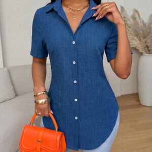 Xyvia Women's Casual Daily Commute Minimalist Solid Color Short Sleeve Split Curved Hem Slim Fit Shirt, Summer