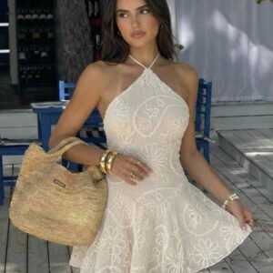 Aloruh Women's Spring/Summer New Embroidered A-Line Ruffle Hem Mini Dress For Vacation,Summer Dresses For Women