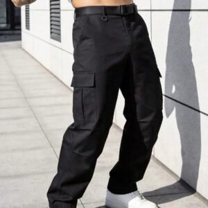 Manfinity Homme Men's Black Cargo Pants,Loose Casual Streetwear Multi-Pocket Workwear Trousers,Winter Dress Fashionable Versatile Old Money Outdoor Daily Workwear