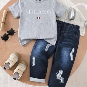 Genkimix Kids 2pcs/Set Unisex Infant Toddler 4-7Y Summer Casual Round Neck Short Sleeve Letter Print Top & Faux Denim Pants Outfit,Comfortable Fit For Outdoor Play