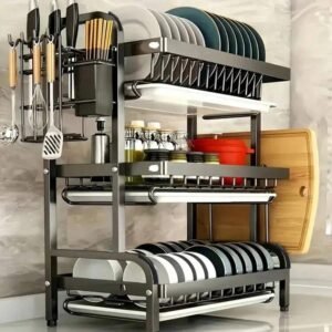 2/3 Tier Stainless Steel Dish Drying Rack With Drain System, Large Capacity Multifunctional Countertop Storage Rack For Bowls, Plates And Cutting Boards, Space Saving Design
