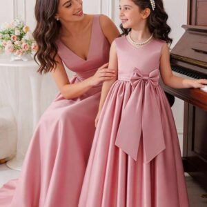 Glamorique Kids Girls' Sweet Blush Pink Flower Girl Dress For Wedding,Sleeveless 3D Bow Satin Formal Gown,Traditional Summer Children Pageant Birthday Party Dress