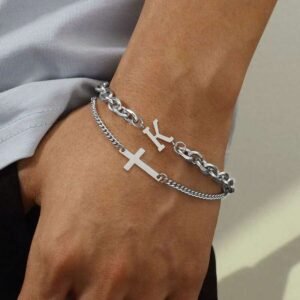 2Pcs/Set New Fashion Silvery Initial Cross Stainless Steel Layered Chain Bracelets For Men