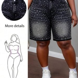 CurvyTilda Plus Size Women's Fashionable Washed Rhinestone Denim Shorts, Summer, For Hourglass Body Shape