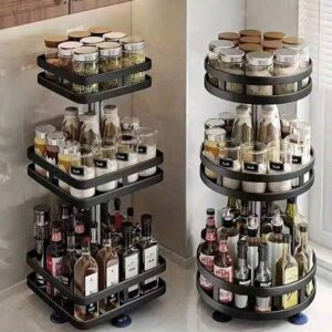 1Pc 360° Rotating Kitchen Spice Rack, Seasoning Organizer For Oil, Salt, Sauce & Vinegar, Multifunctional Rotating Storage Rack, Round/Square With Suction Cup & Stable Tray, Perfect For Kitchen, Bathroom & Home Storage