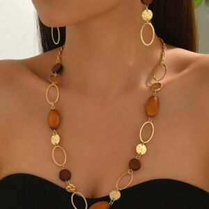 1 Set Vintage Hollow Round Wooden Bead Necklace & Earrings Suit, Fashion Sweater Chain Necklace Suitable For Women Party, Christmas & New Year Gift