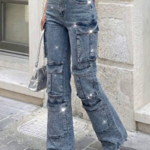 NEW Women's Blue Y2K Rhinestone High Waist Cargo Wide Leg Jeans, Shiny Denim Pants, Suitable For Summer Autumn Party Holiday Outdoor Birthday Nightclub Wear