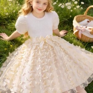 Glamorique Kids Young Girl' Solid Color Round Neck Pearl Puff Sleeve 3D Flower Elegant Summer Dress With Belt