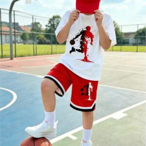 SHEIN Vacaura 2pcs/Set Tween Boys Short Sleeve T-Shirt And Shorts,Basketball Splash Ink Print,White And Red,Summer,Streetwear,Vacation,Street Sports Outfit