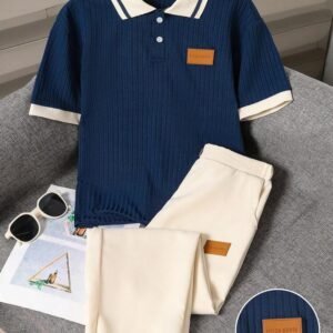 SHEIN 2pcs Tween Boy Gentleman Set, Short Sleeve Polo Shirt + Long Pants, Elegant Formal Outfit For Birthday Party, Wedding, Anniversary, Graduation