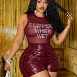 Slaydiva Plus Size Women Burgundy Summer 70'S Birthday Party Super High Waist Side Ruched Super Shorts,Snake Skin Texture Stretchy Knit Fitted Elegant Shorts
