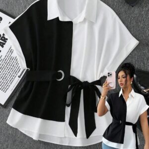 GlowEve Women's Elegant Black And White Shirt Collar Contrast Color Eyelet Decor Fitted Waist Bowknot Summer, Casual Office Holiday Date Top