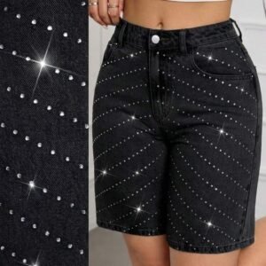 SHEIN Tall Summer TALL Women's Party, Leisure, Holiday, Vacation Sparkling Rhinestone Design Rhinestone Decor Pocket Skinny Fashion Denim Shorts