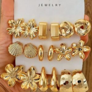 6-18pcs Gold Women's Earrings Set, Fashion Party, Travel Vacation, Gift Engagement, Suitable For Various Occasions, (Made Of Low-Allergy Non-Fading CCB Material Composite)