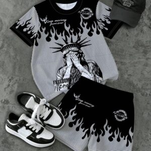 1 Set Tween Boys' Liberty Flame Outfit | Black & White Contrast Short Sleeve T-Shirt + Shorts 2 Piece Set, Street Style Vibe!