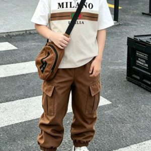 SHEIN Vacaura Tween Boy White Summer Casual Graphic City Break Fashion Letter Print Round Neck Short Sleeve T-Shirt And Cargo Pants Set,Street Style Fashionable
