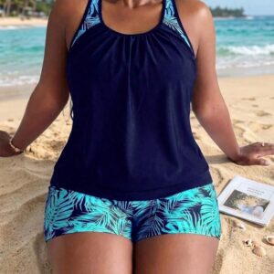 Swim Lushoire Plus Size Women Navy Blue Tankini Swimwear With Tummy Control Vacation Summer