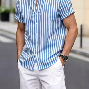 Men's Casual Fashion Polyester Lightweight Striped Shirt With Stand Collar, Short Sleeve, 7-Button Design Top And Solid Color Skin-Friendly Soft Fabric Shorts, Essential 2-Piece Set