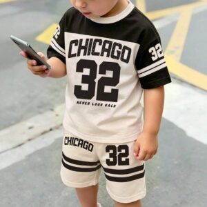 Souflis Souflis 2pcs/Set Kids White Summer Graphic City Break American Sports Style,Digit Print Short Sleeve Shirt & Shorts Outfit,Children Street Casual Clothing