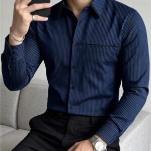 Calvornis Men's Fashionable Business Casual Printed Stripe Long Sleeve Shirt, For Fall, Formal