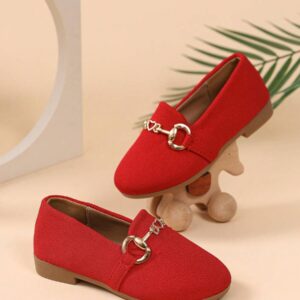 Elegant Girls' Loafers Flat Shoes Round Toe Slip-On Formal Shoes Red Textured Fabric Horsebit Heart Metal Decoration Suitable For Wedding And Daily Wear