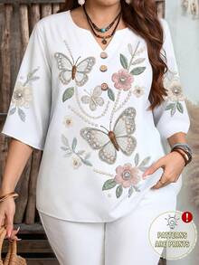 EMERY ROSE Casual Minimalist Style Faux Knit Embroidery Flat Print Pattern Women's 3/4 Sleeve Shirt, Suitable For Spring And Summer