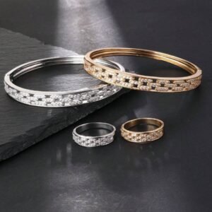 2Pcs/Set Cubic Zirconia Inlaid Hollow Bangle & Ring Set, Silver/Gold Plated Luxury Jewelry For Women, Party/Wedding/Date Wear [Hypoallergenic]