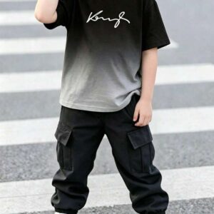 2pcs/Set Boys Casual Outfit With Round Neck Short Sleeve T-Shirt And Pants, Cool English Letter And Gradient Pattern Design, Suitable For Holidays, Parties, Spring/Summer/Autumn, Comfortable And Fashionable Street Wear, Outdoor, School, Gift