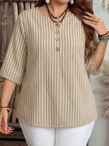 EMERY ROSE Women's Casual V-Neck Striped Loose Shirt, Striped Blouse, Women's Summer Clothing,Casual,Country,Office,Elegant,Graduation Ceremony, Fashion