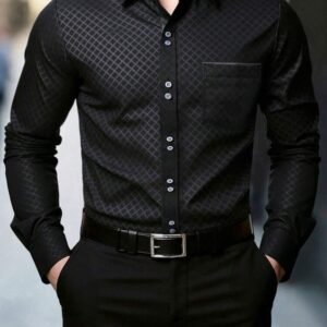 Manfinity Mode Men's Black Autumn Business Casual Formal Dress Shirt,Textured Rhombus Design Long Sleeve Button Up Top With Pocket,Solid Color Office Shirt,Ceremony