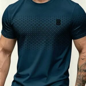 Men's Summer Minimalist Casual Versatile Blue-Green Gradient Rhombus Print Short Sleeve T-Shirt