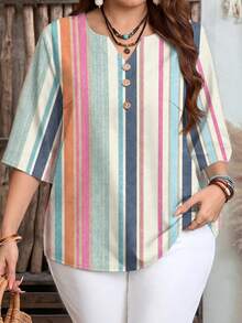 EMERY ROSE Casual Minimalist Style Colorful Faux Texture All-Over Print Pattern Vacation Stripe Women's 3/4 Sleeve Shirt Suitable For Spring And Summer