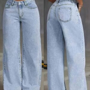 Women's Light Blue Straight Leg Jeans, Washed Effect, Non-Stretch Fabric, With Pocket, Zipper And Button Details, Long Casual Style, Non-Stretch, Casual Elegant Style, Summer Clothing, Concert Clothing, Vacation Clothing, 90% Cotton