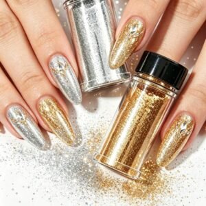 2 Bottles Gold & Silver Nail Glitter, 80g/2.57oz Per Bottle, Fine Craft Glitter Particles, Multi-Purpose Wedding Colorful Holiday Decoration Material, DIY Nail Art Supplies