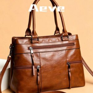 1pc Women's Solid Retro Brown Tote Bag, Large Capacity Multi-Zipper Pockets Handbag