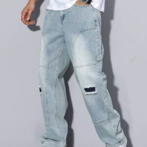 Manfinity Hypemode Men's Simple Ripped Pocket Jeans, Casual Daily Wear Going Out Hang Out Commute Work Street