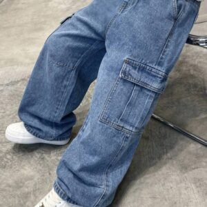 Tween Boy Fashion Casual Y2k Vintage Cool Street Stretch Elastic Waistband And Cargo Pocket Design Blue Loose-Fitting Wide-Leg Jeans For Daily-Wear And Spring To Summer Back-To-School Happy And Streetwear Homecoming School