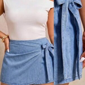 Elaquor Plus Size Women Summer Casual Vacation Daily Commute Wrap Tie Knot Short Denim Skirt, Summer Skirt, Versatile, Skirt, Vacation, Casual, Party, Date.
