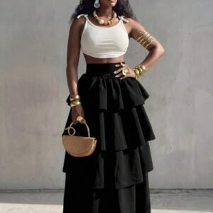 BamGlimmer Women's Solid Color High Waist Multi-Layer Ruffle Long Skirt Vacation Black Autumn Elegant