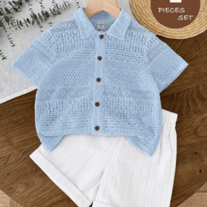LMoss Kids Young Boy 2pcs Short Sleeve Shirt And Shorts Set, Comfortable Versatile Casual Fashion Daily Cute Preppy Style Minimalist Basic, Suitable For Indoor, Outdoor Skiing, Daily, Sports, Party, Photography In Autumn/Winter