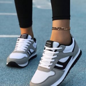 NEW1 Pair Of Men's And Women's Striped Suede Mesh Casual Athletic Sneakers, Outdoor All-Season Grey Running Shoes