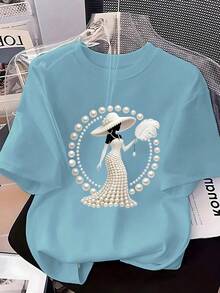 New Elegant And Sophisticated Style Clothing, Women's Printed T-Shirt - With Anti-Pearl Crystal Design For A Luxurious Feel. Casual Summer