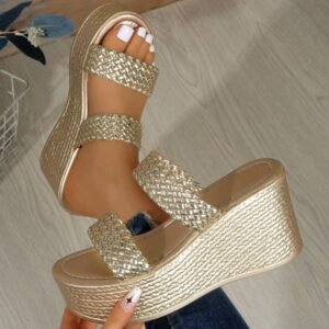 Wide Fit Women's Fashion Slip-On Thick Sole Wedge Heel Open Toe Woven Sandals, Summer New Women's Wedge Sandals