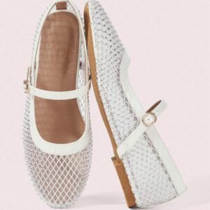 CUCCOO DOLLMOD New Women's Shoes, Beige, Mesh With Drill Round Toe Flats, Retro Mary Jane Mesh Shoes