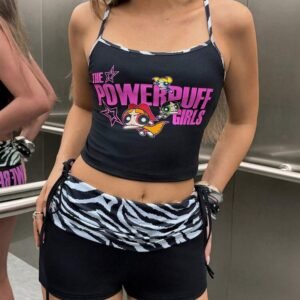 NEW THE POWERPUFF GIRLS X SHEIN Women's Letter Print Cropped Camisole And Casual Zebra Print Shorts 2pcs Set