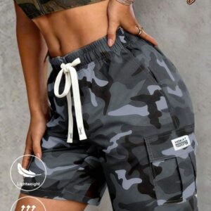 Women's Fashion Casual Camouflage Cargo Shorts, Drawstring Waist, Utility Pockets, Suitable For Summer Leisure, Outdoor Sports Or Daily Casual Wear