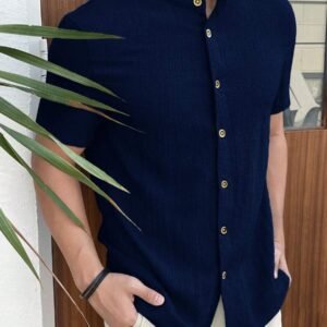 Manfinity VCAY Men's Navy Blue Striped Short Sleeve Button Down Shirt,Summer Smart Casual Holiday Grandad Shirt Collarless Slim Fit Lightweight Breathable Beach Top