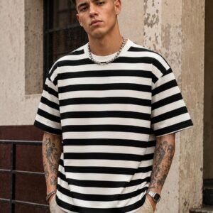 FRACTYR Men's Summer American Classic Beige & Black Wide Horizontal Stripe Crew Neck Short Sleeve T-Shirt, Casual Streetwear American Sports Slouchy Dropped Shoulder Casual Inner/Outer Layer Top, Soft & Skin-Friendly, American Vintage Nautical Style Dropped Shoulder Loose Basic T-Shirt